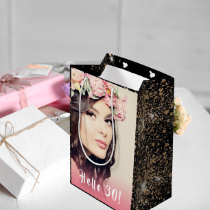 Birthday black gold glitter photo hello 30 medium gift bag