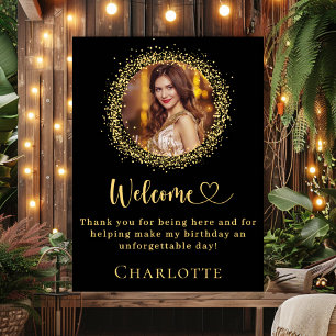 Birthday black gold glitter photo welcome poster