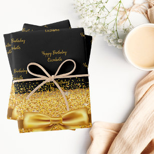 Birthday black gold glitter sparkle monogram name wrapping paper sheet