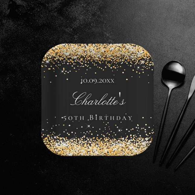 Birthday black gold glitter sparkles name elegant paper plate (Creator Uploaded)