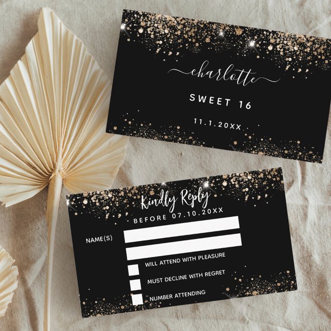 Birthday black gold glitter sparkles party RSVP Enclosure Card (Creator Uploaded)