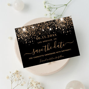 Birthday black gold glitter sparkles save the date