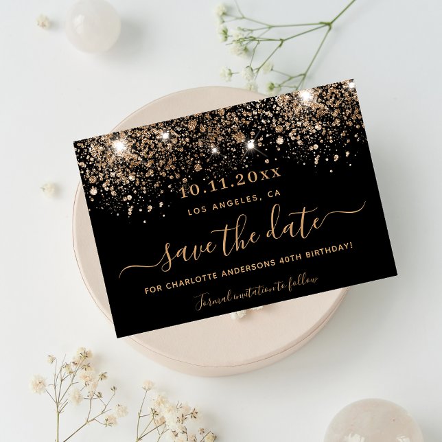 Birthday black gold glitter sparkles save the date announcement postcard (Creator Uploaded)