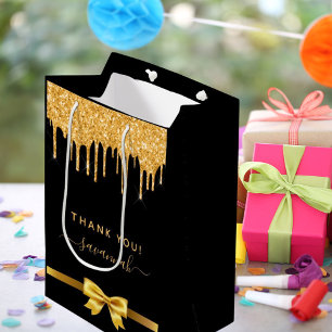 Birthday black gold glitter thank you favour medium gift bag
