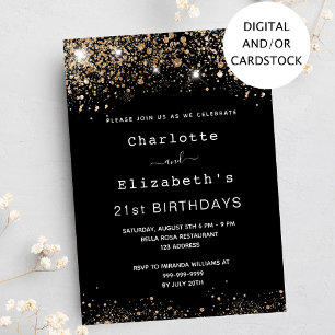Birthday black gold glitter two persons friends invitation