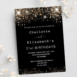Birthday black gold glitter two persons friends invitation postcard