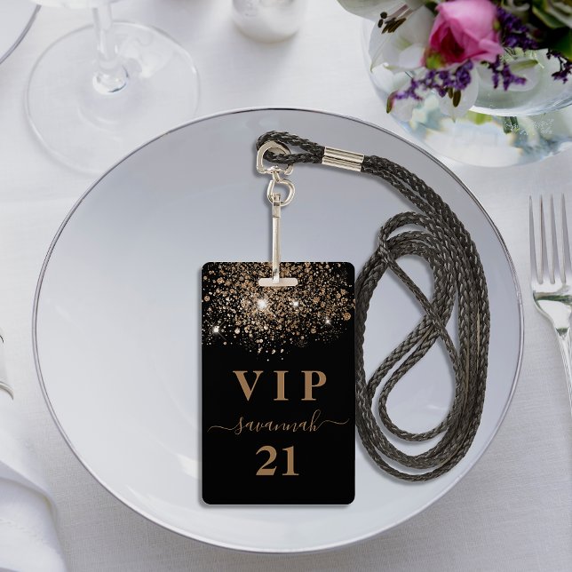 Birthday black gold glitter vip invitation ID badge (Creator Uploaded)