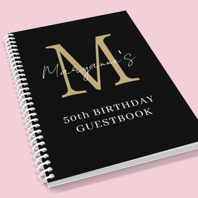 Birthday Black Gold Monogram Name Guest Book (Creator Uploaded)