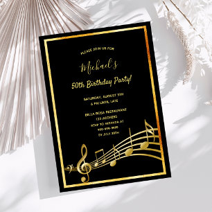 Birthday black gold music notes invitation