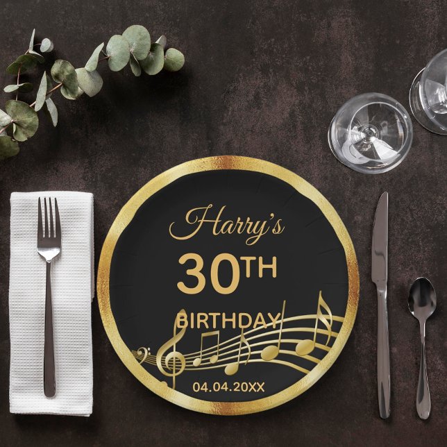 Birthday black gold music notes name paper plate (Creator Uploaded)