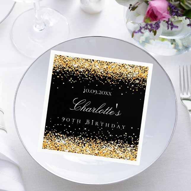 Birthday black gold name elegant napkin (Creator Uploaded)