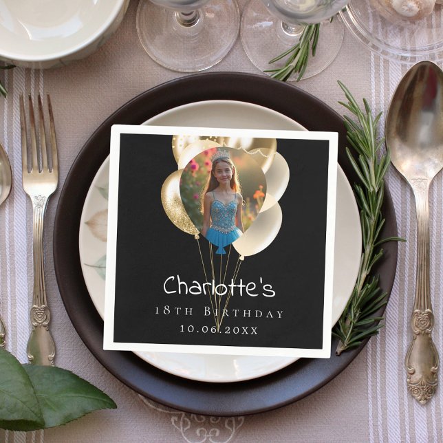 Birthday black gold photo balloons napkin (Creator Uploaded)