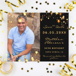 Birthday black gold photo budget Save the Date<br><div class="desc">A photo Save the date for a 50th (or any age) birthday
On front: Add a vertical size photo. A classic black background colour,  decorated with faux gold stars. Personalise and add a name and details.  Golden letters.  For both him and her.</div>