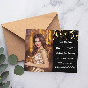 Birthday black gold photo stars Save the Date card
