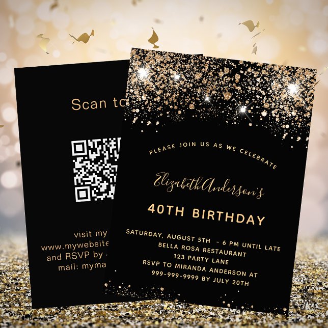 Birthday black gold QR code RSVP budget Invitation (Creator Uploaded)