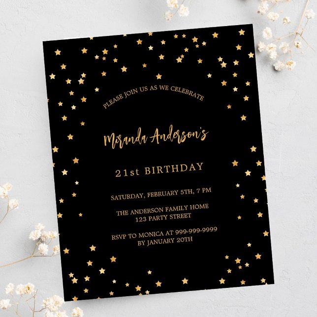 Birthday black gold stars budget party invitation flyer (Creator Uploaded)