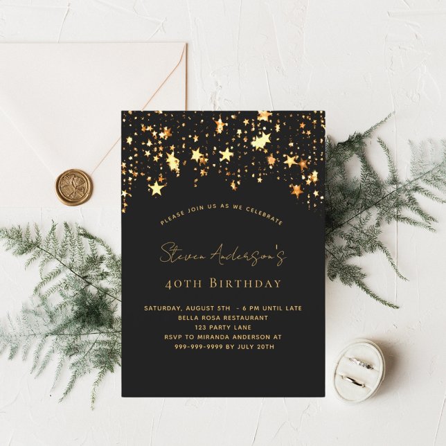 Birthday black gold stars elegant party invitation (Creator Uploaded)