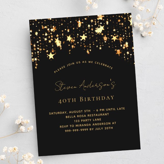 Birthday black gold stars elegant party invitation postcard (Creator Uploaded)