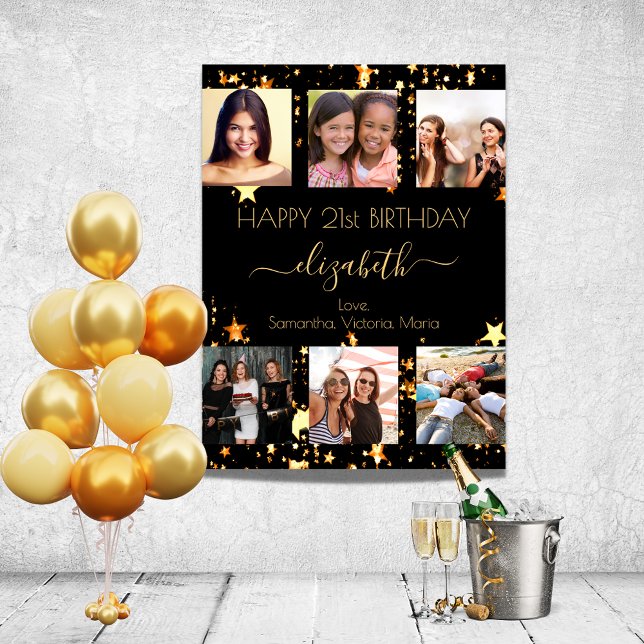 Birthday black gold stars friend photo collage poster (Creator Uploaded)