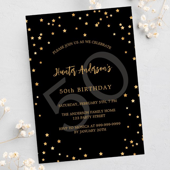 Birthday black gold stars number invitation postcard (Creator Uploaded)