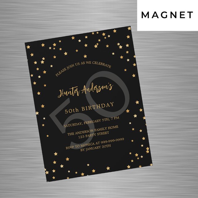 Birthday black gold stars number luxury magnetic invitation (Creator Uploaded)