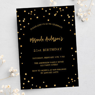 Birthday black gold stars party luxury invitation