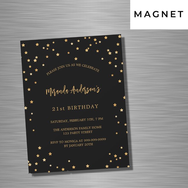Birthday black gold stars party luxury magnetic invitation (Creator Uploaded)