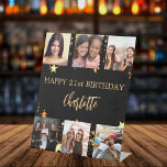 Birthday black gold stars photo collage pedestal sign<br><div class="desc">Celebrating a life with a collage of 6 of your high quality photos,  friends,  family,  interest or pets.  Personalise and add a name,  age 21.   Golden text.  A chic,  classic black background colour. The name is written with a modern hand lettered style script. Decorated with faux gold stars dripping.</div>