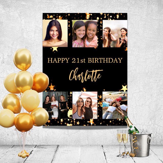Birthday black gold stars photo collage poster (Creator Uploaded)