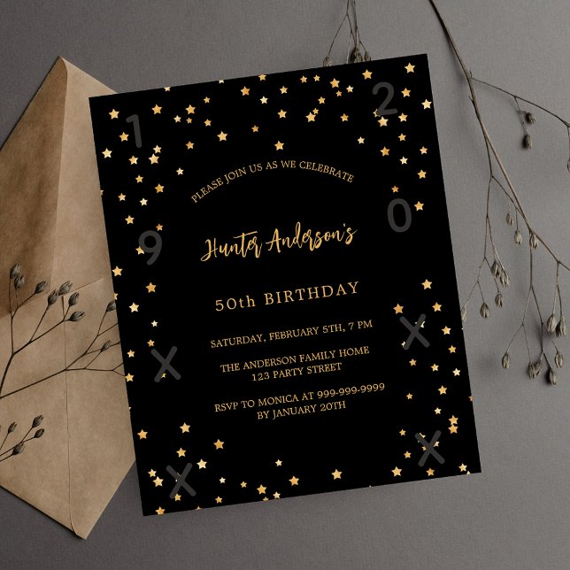 Birthday black gold stars years budget invitation flyer (Creator Uploaded)