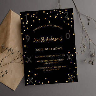 Birthday black gold stars years invitation postcard
