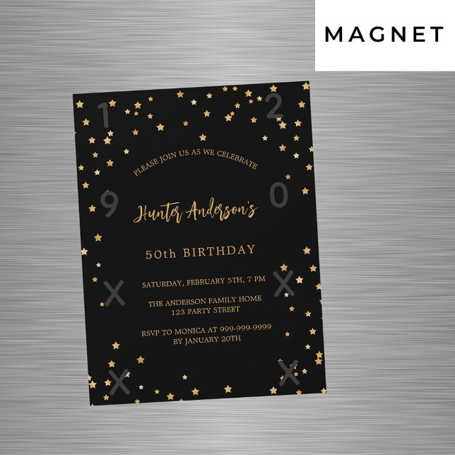 Birthday black gold stars years luxury magnetic invitation (Creator Uploaded)