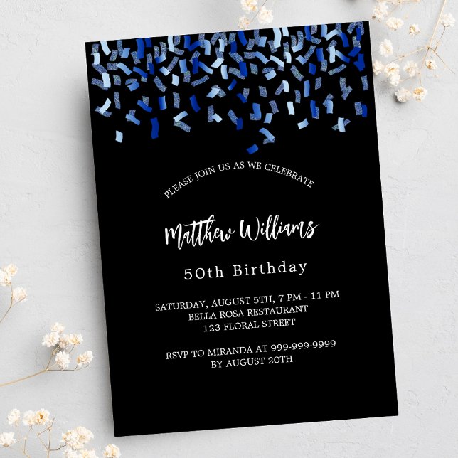 Birthday black navy blue confetti invitation postcard (Creator Uploaded)
