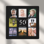 Birthday black photo collage guy square wall clock<br><div class="desc">A wall clock as a gift for a 50th (or any age) birthday for a guy,  celebrating his life with a collage of 8 of your own photos.  Personalise and add age 50,  and a date.  Date of birth or the date of the anniversary.  White coloured letters.  Black background.</div>