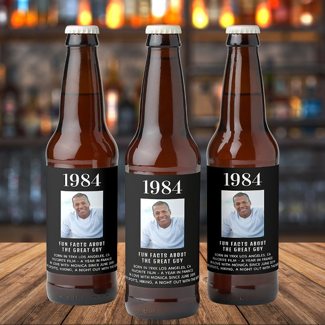 Birthday black photo fun facts bio year birth beer bottle label (Creator Uploaded)