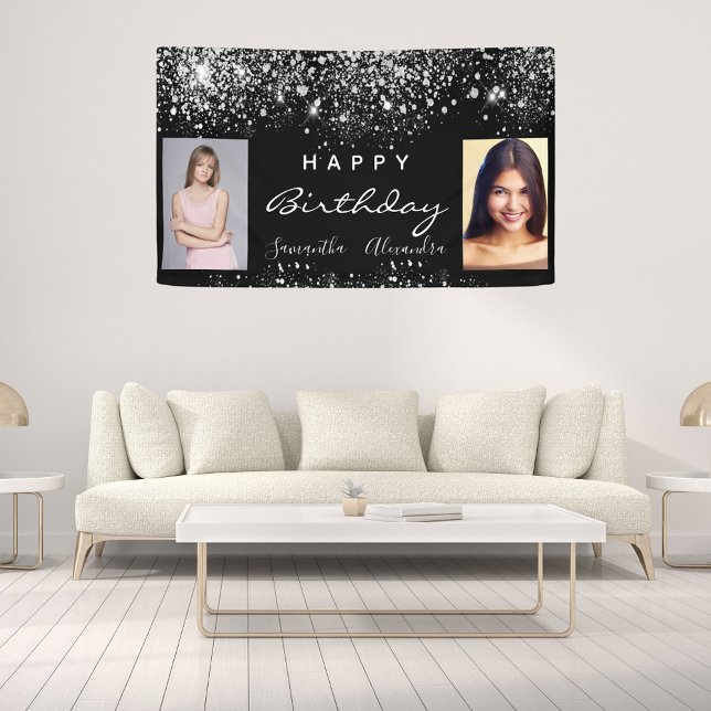 Birthday black photo silver glitter friends twins banner (Creator Uploaded)
