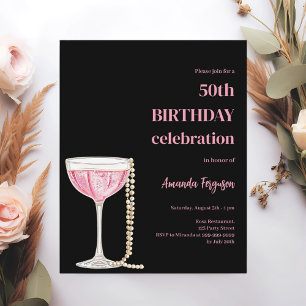 Birthday black pink bubbles wine pearls invitation