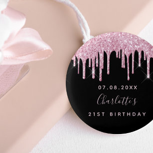 Birthday black pink glitter drips custom monogram  3 cm round badge