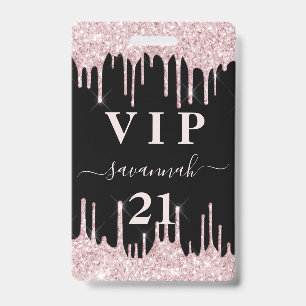 Birthday black pink glitter drips vip invitation  ID badge