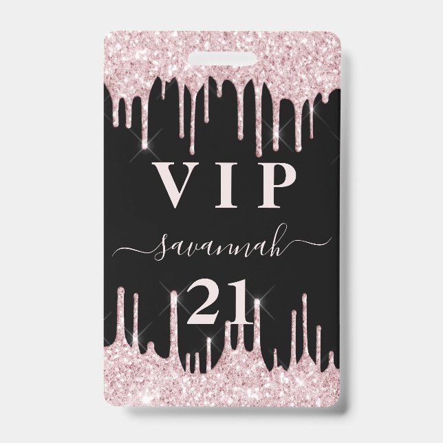 Birthday black pink glitter drips vip invitation  ID badge (Front)