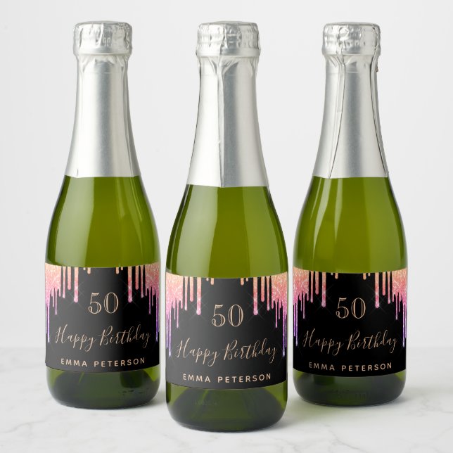 Birthday black pink glitter sparkle sparkling wine label (Bottles)