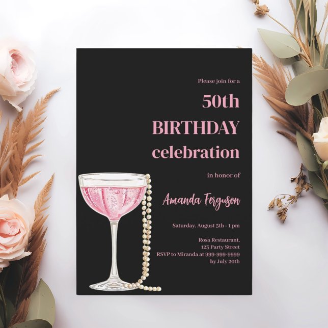 Birthday black pink sparkling wine pearls invitation (Creator Uploaded)