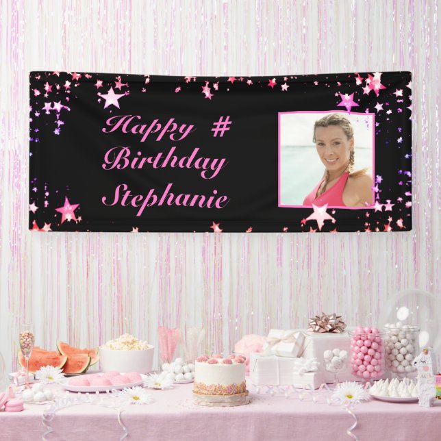 Birthday Black Pink Stars Photo Personalised Banner (Party)