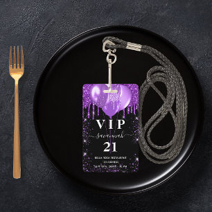 Birthday black purple balloon vip invitation ID badge