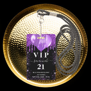 Birthday black purple balloon vip invitation ID badge
