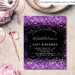 Birthday black purple glitter budget invitation flyer
