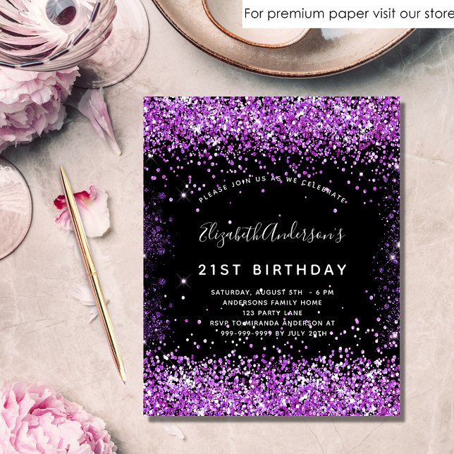Birthday black purple glitter budget invitation flyer (Creator Uploaded)