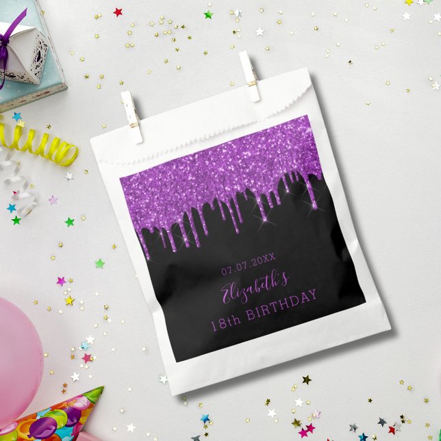 Birthday black purple glitter drips monogram favour bag (Creator Uploaded)