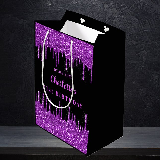 Birthday black purple glitter drips monogram medium gift bag (Creator Uploaded)