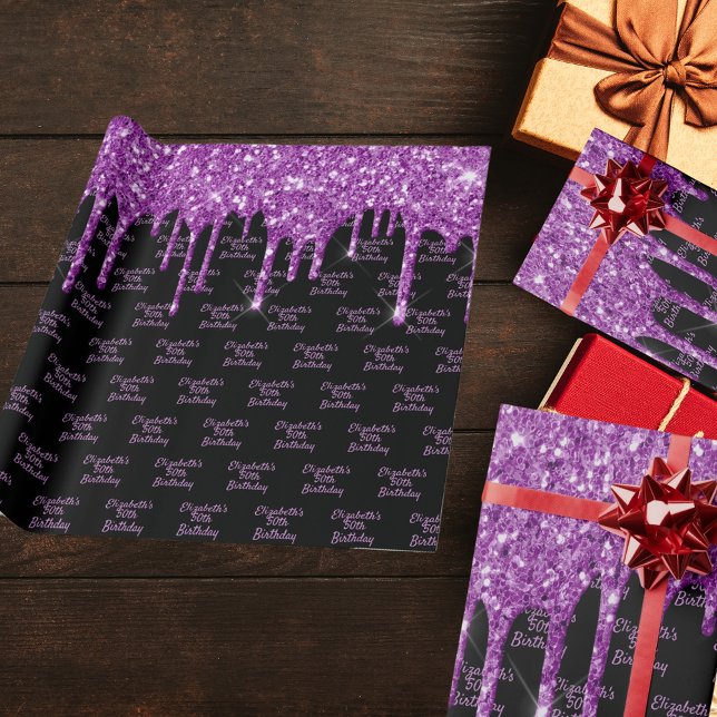Birthday black purple glitter drips name glam wrapping paper (Creator Uploaded)
